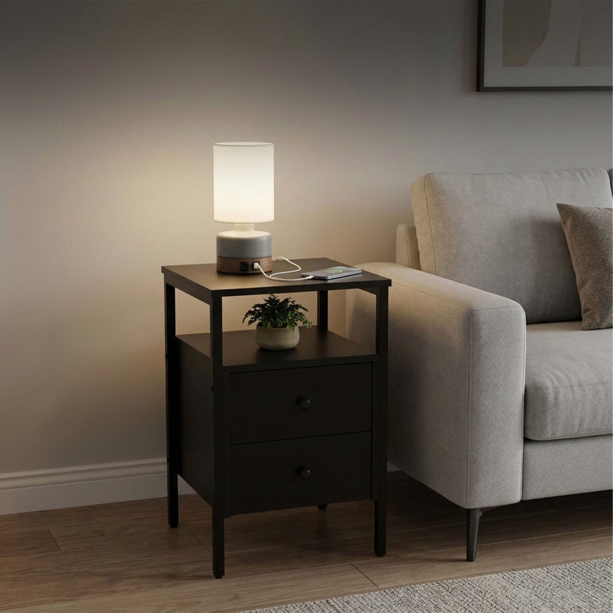 Black Bedside Table with 2 Drawers, MDF & Steel