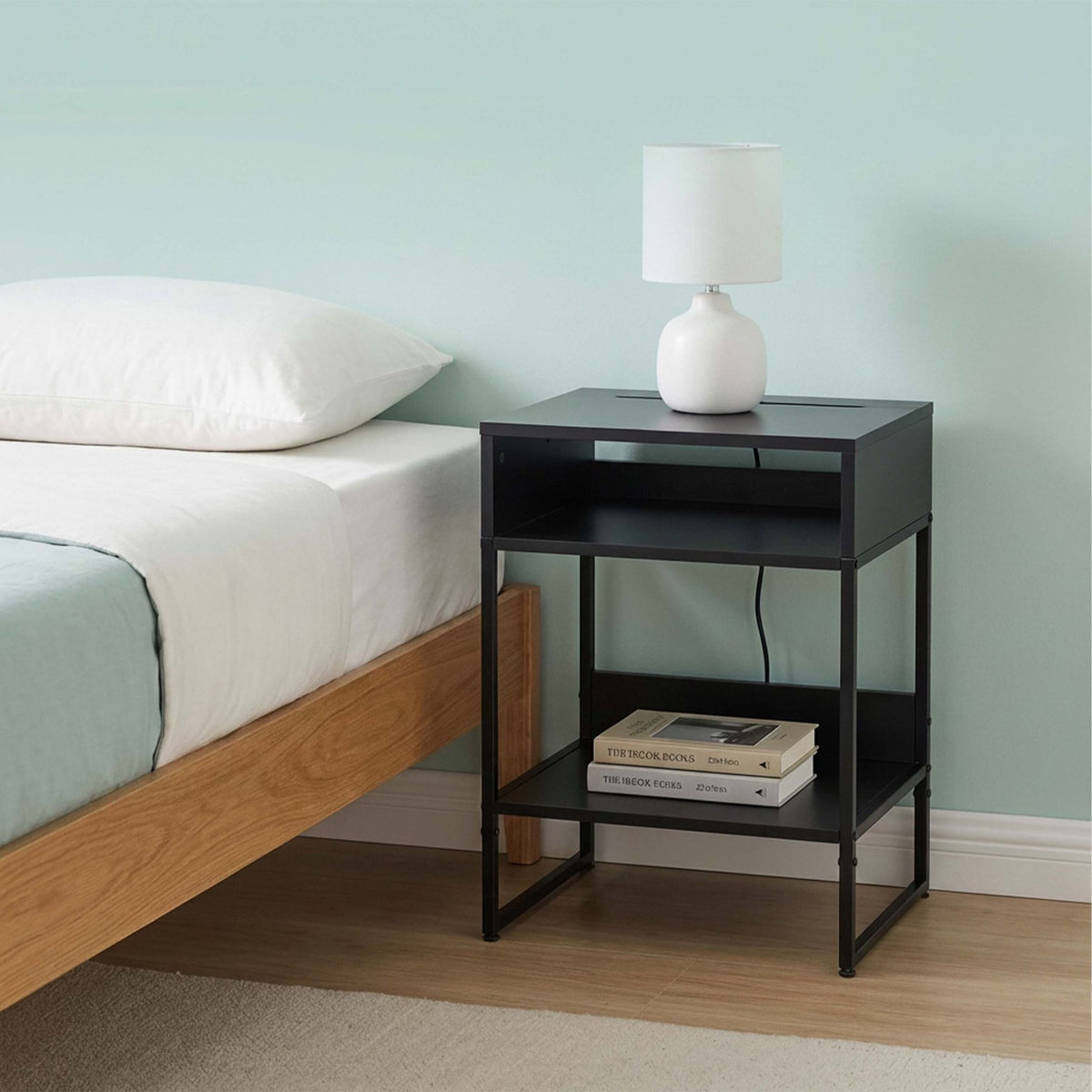 Black Bedside Table with 2 Shelves and Phone Holder