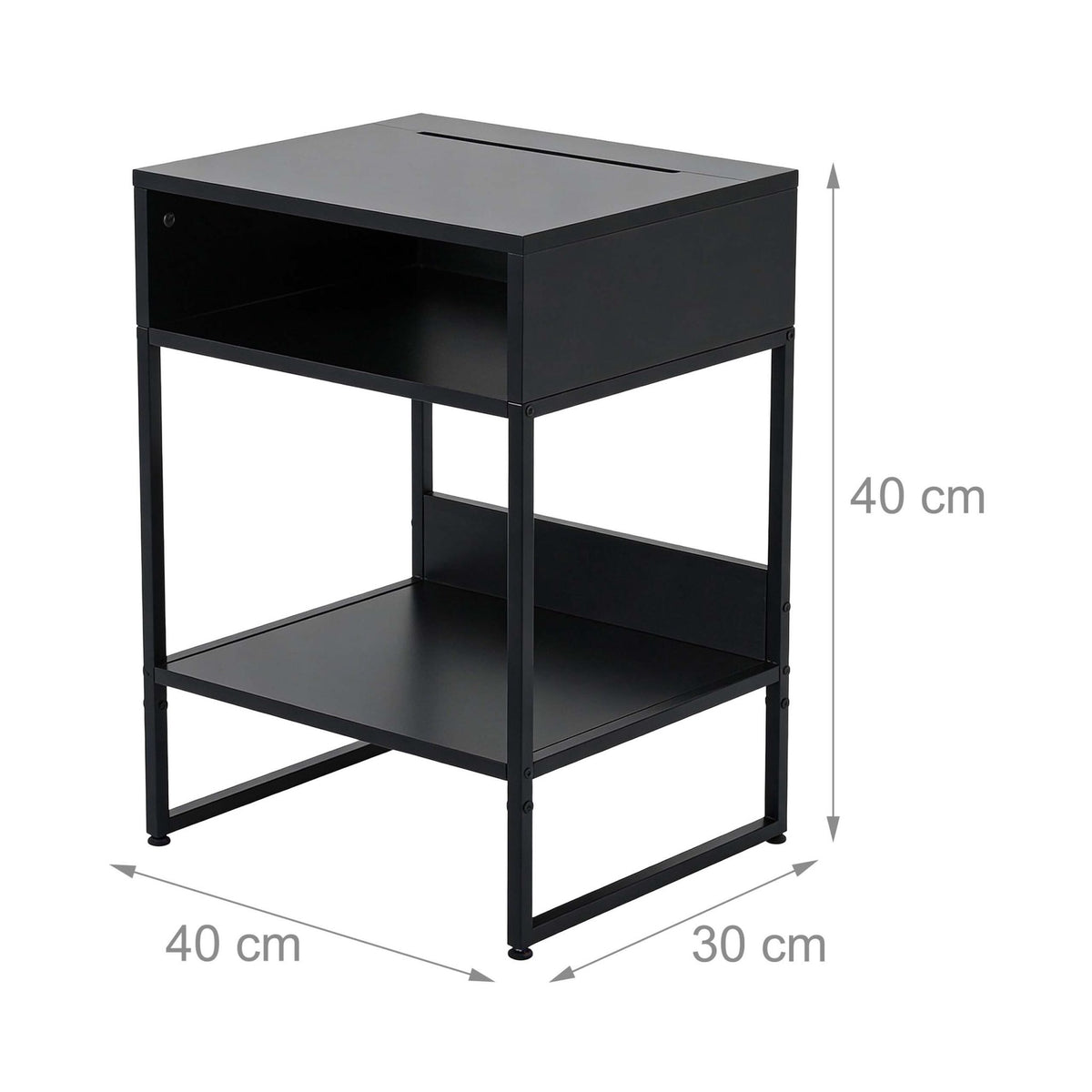 Black Bedside Table with 2 Shelves and Phone Holder