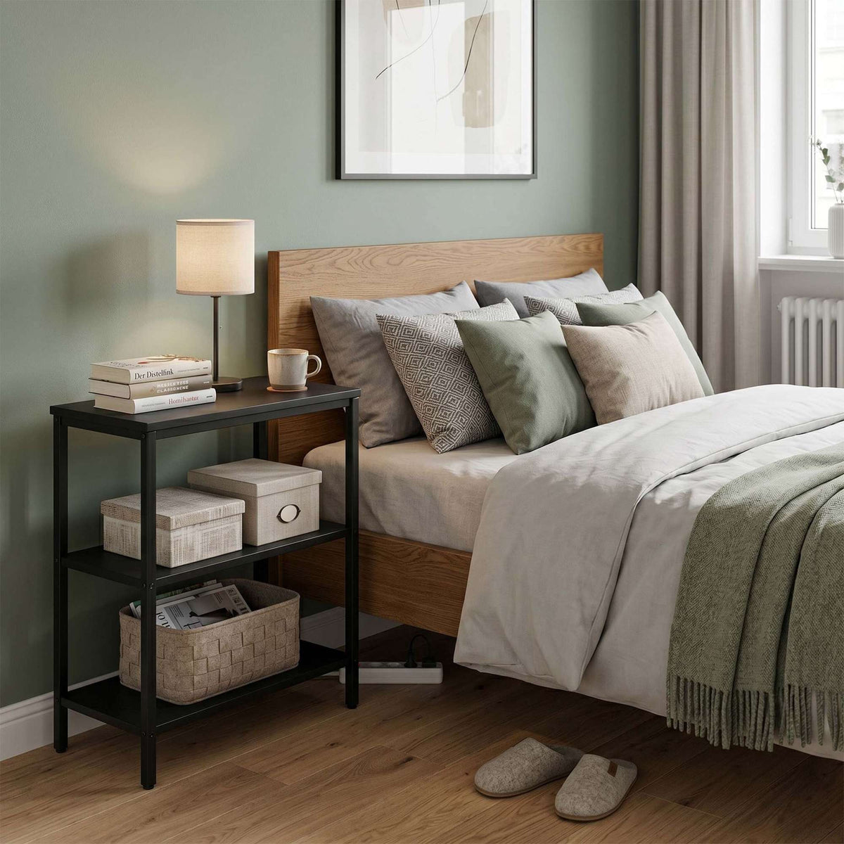 Black Bedside Table with 3 Shelves, Engineered Wood