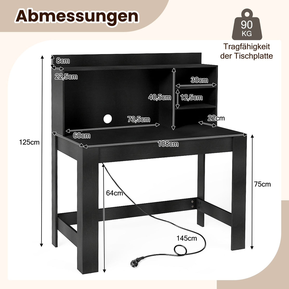 Black Computer Desk with Hutch, Power Outlets & Cable Management