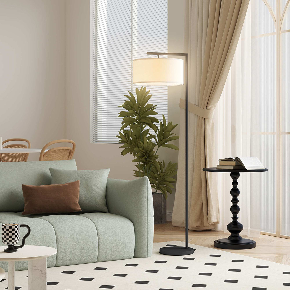 Black Floor Lamp with White Fabric Shade, E27 Socket