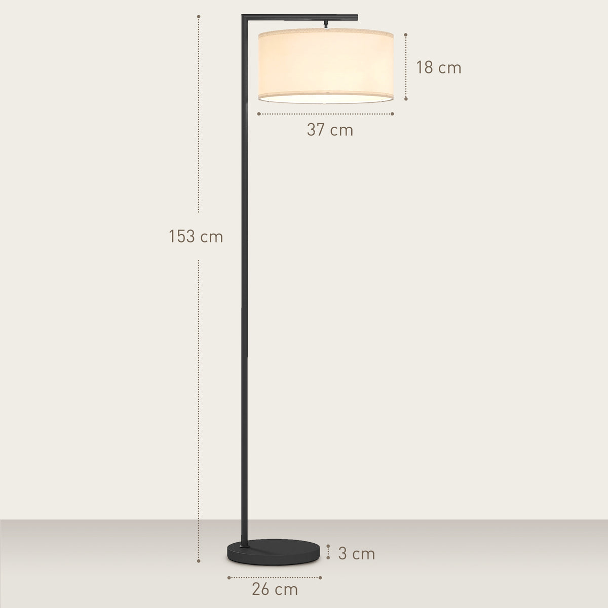 Black Floor Lamp with White Fabric Shade, E27 Socket