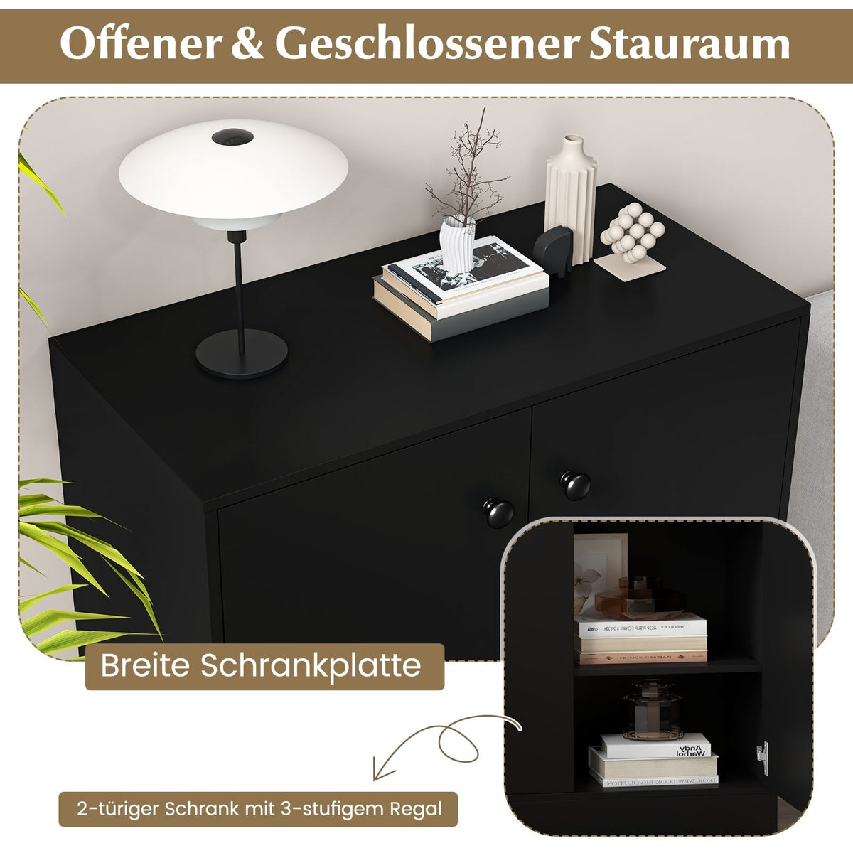 Black Freestanding Sideboard with Adjustable Shelves, 72x34x85.5 cm