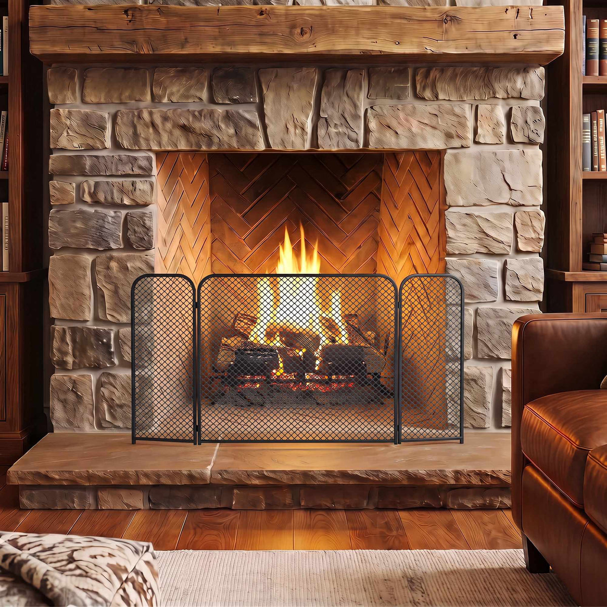 Black Geometric Foldable Fireplace Screen – Metal, 3-Panel