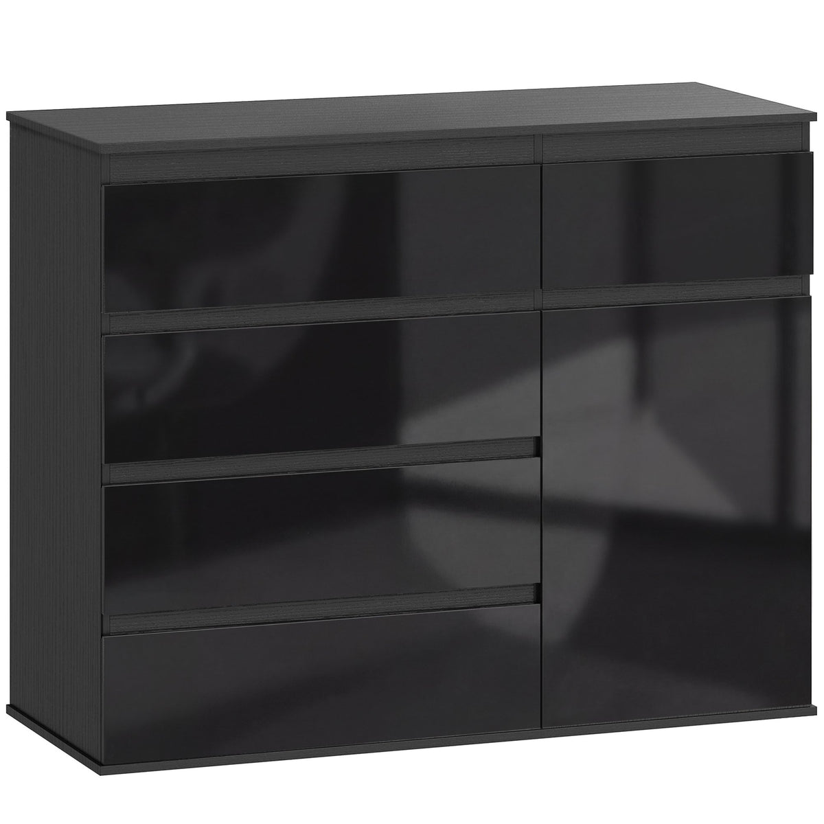 Black High Gloss Sideboard with 5 Drawers & Adjustable Shelf
