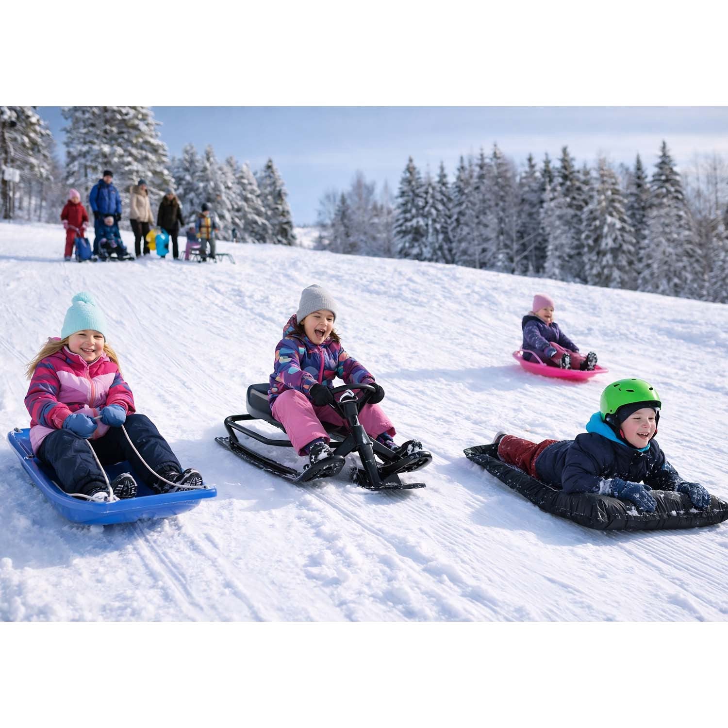 Black Kids Sled, Durable HDPE Plastic, Auto Retractable Rope