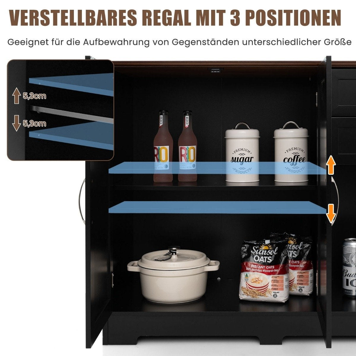 Black Kitchen Sideboard with Adjustable Shelves & Drawers