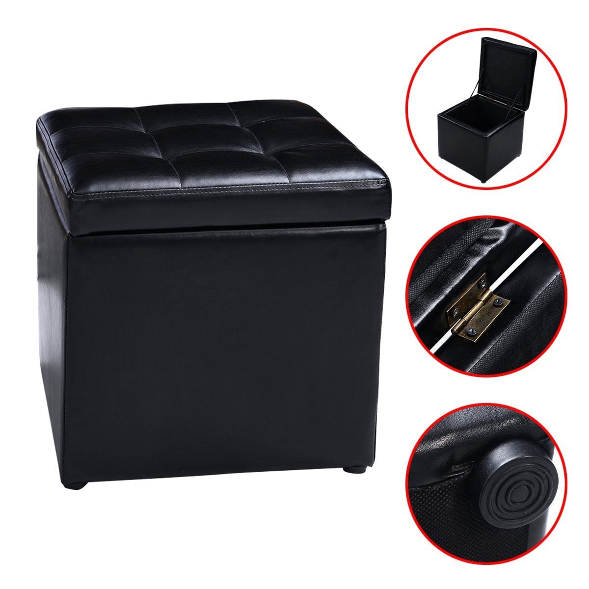 Black Leather Storage Ottoman, 40x40x40cm, Easy-Clean