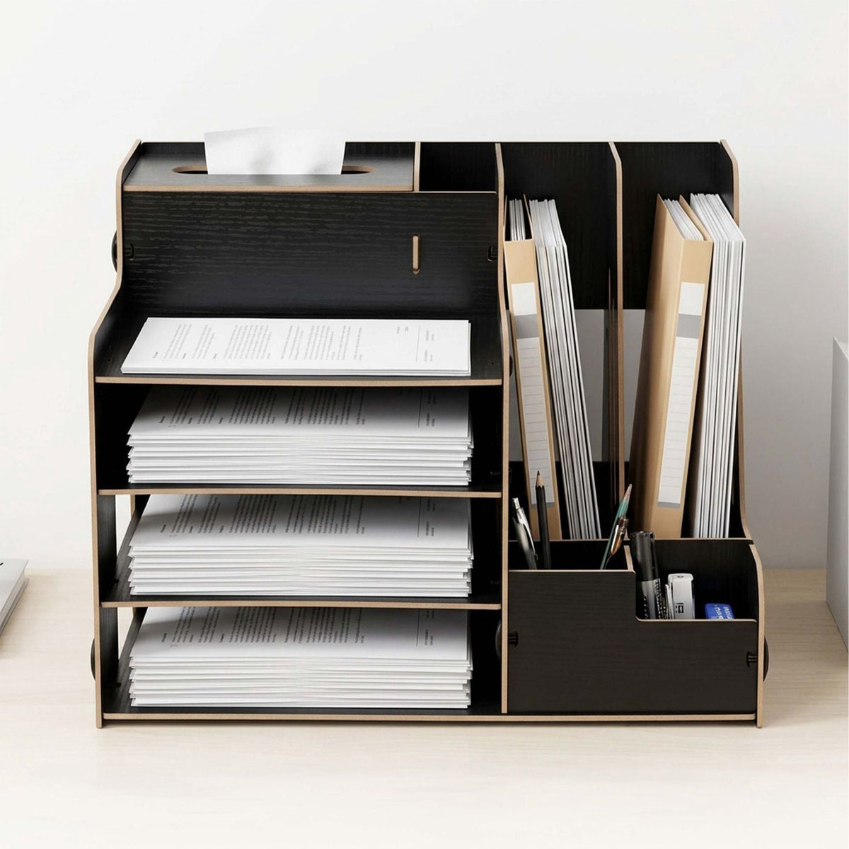 Black MDF Document Organiser with File Holder