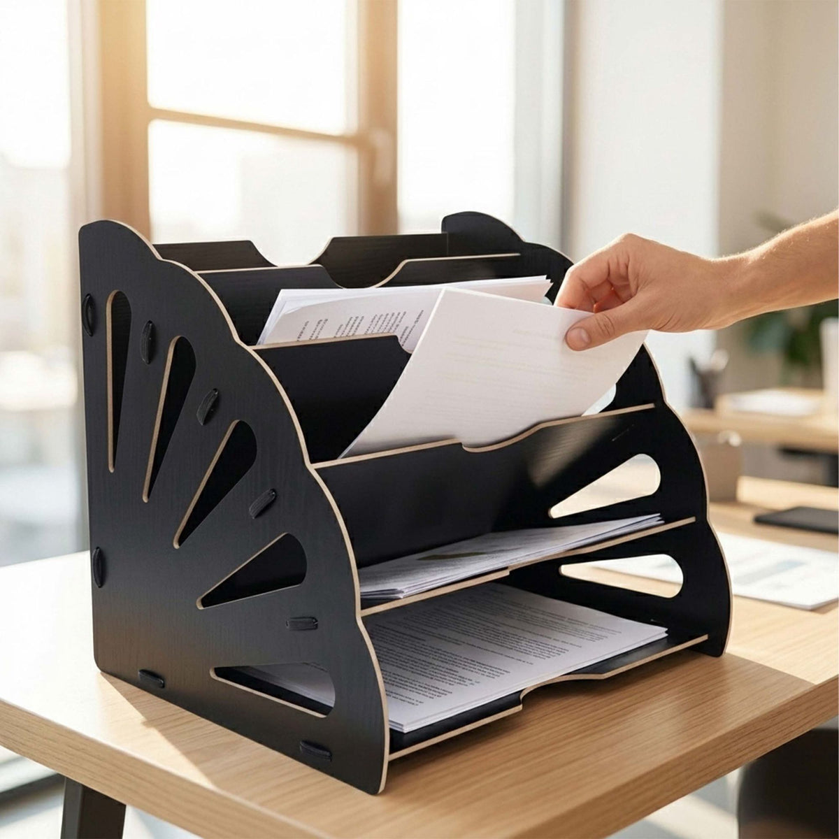Black MDF Letter Tray with 5 Angled Slots, A4 Size