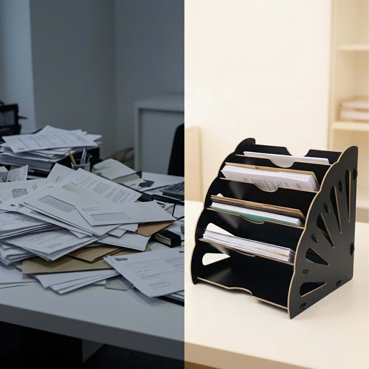 Black MDF Letter Tray with 5 Angled Slots, A4 Size