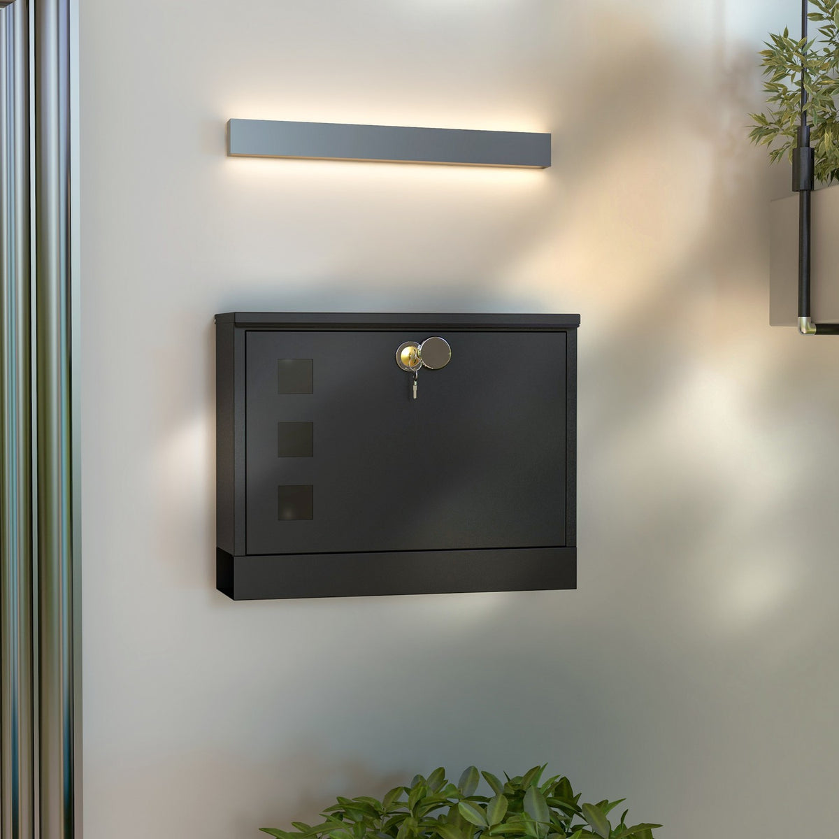 Black Mailbox With Newspaper Compartment, Metal, Viewing Window, 2 Keys, Water-Repellent, 36.5X11.5X29Cm