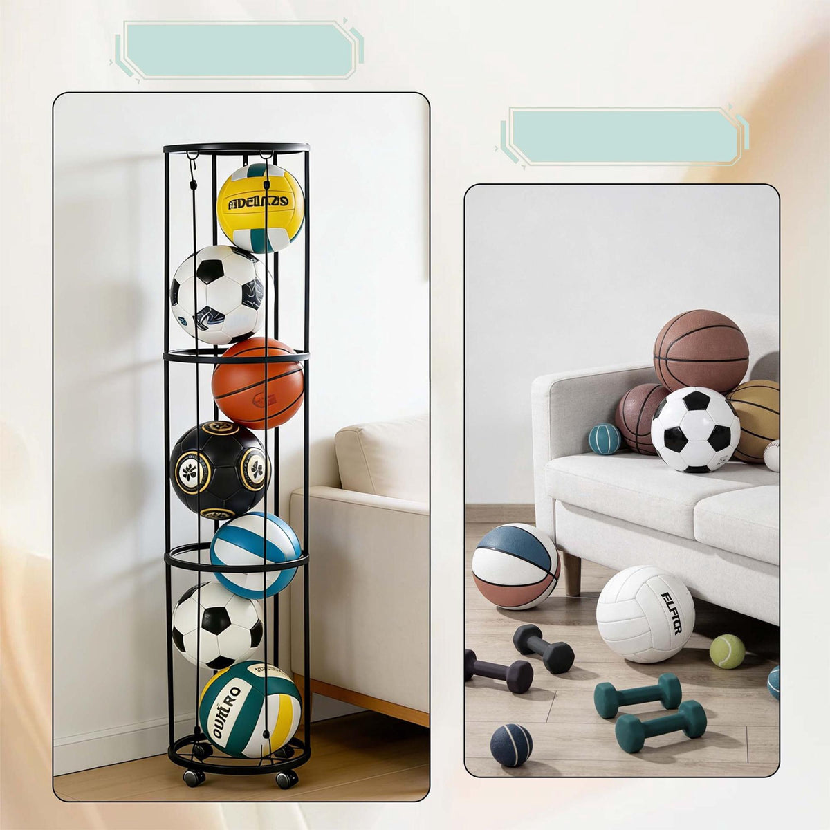 Black Metal Ball Rack with Wheels, 148.5 x 33 cm