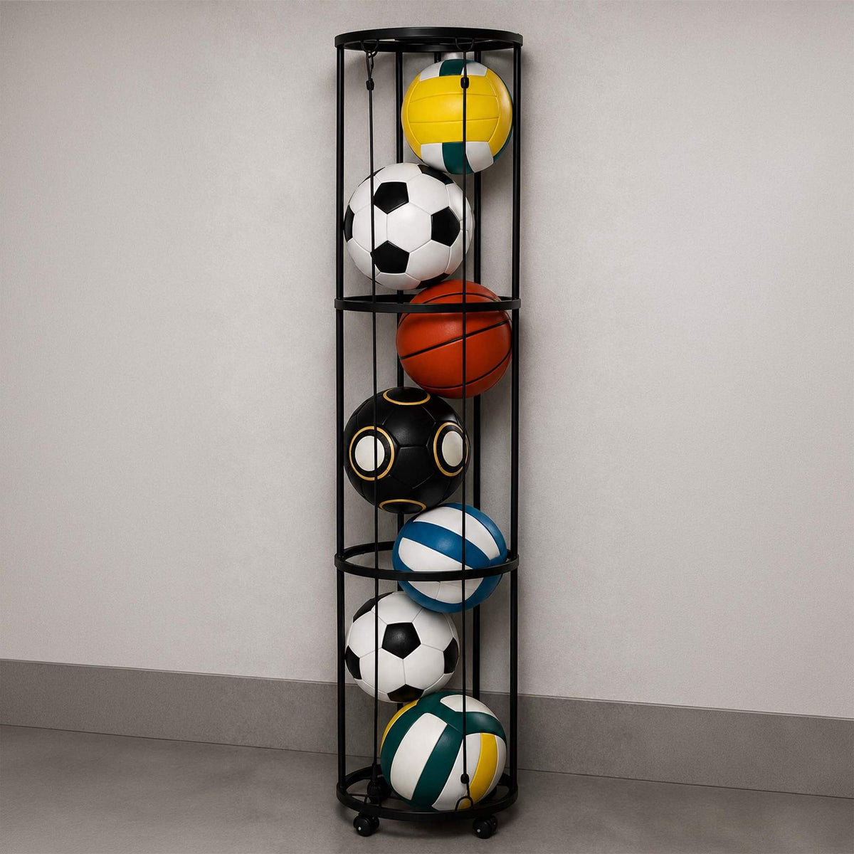 Black Metal Ball Rack with Wheels, 148.5 x 33 cm
