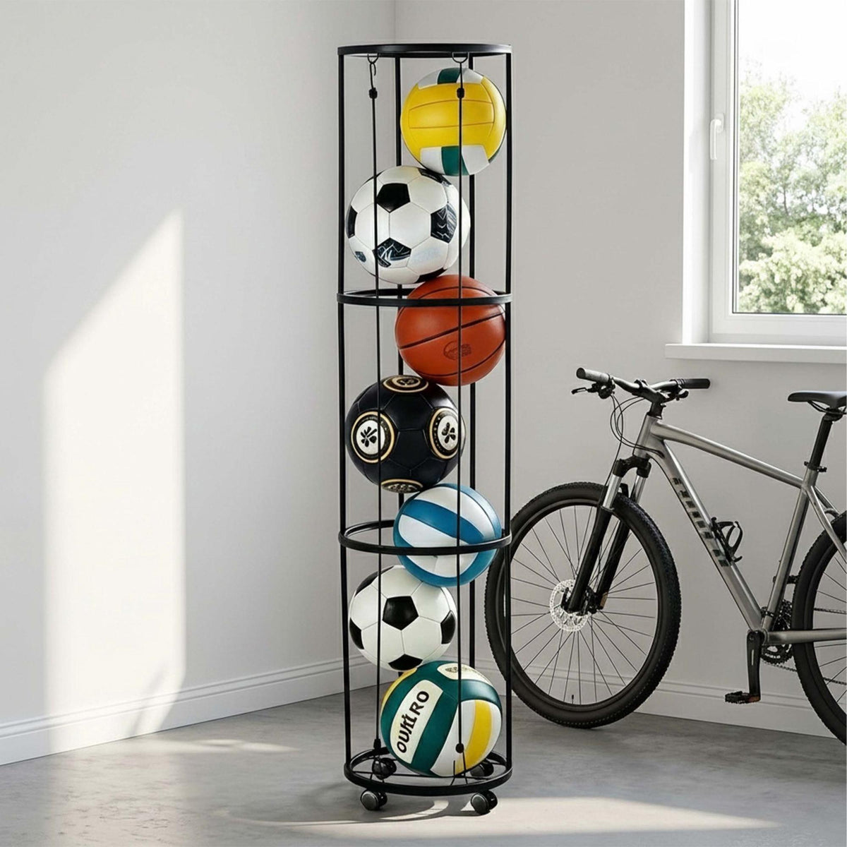 Black Metal Ball Rack with Wheels, 148.5 x 33 cm