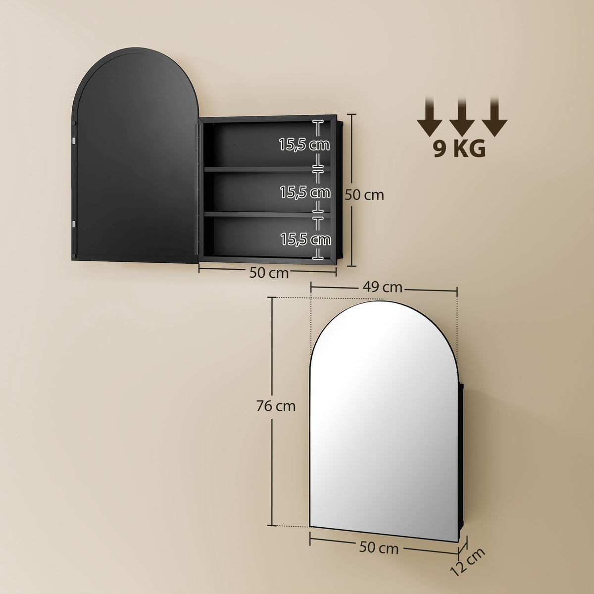 Black Metal Bathroom Cabinet with Mirror, 3 Shelves, 50x76 cm