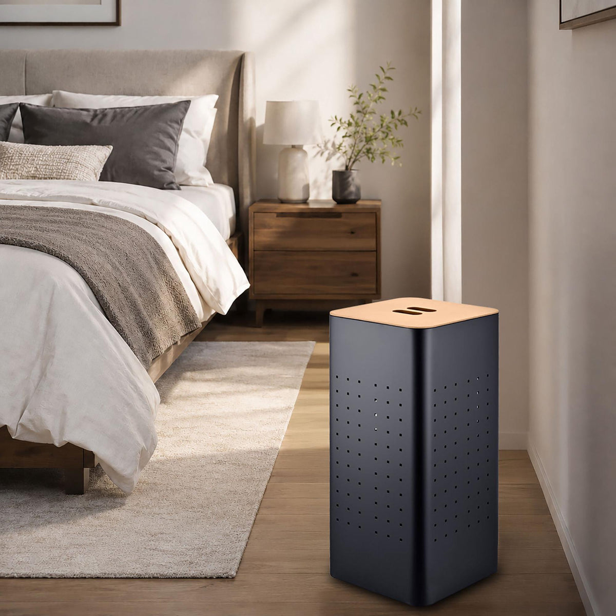 Black Metal Laundry Hamper with Lid, 55L Capacity