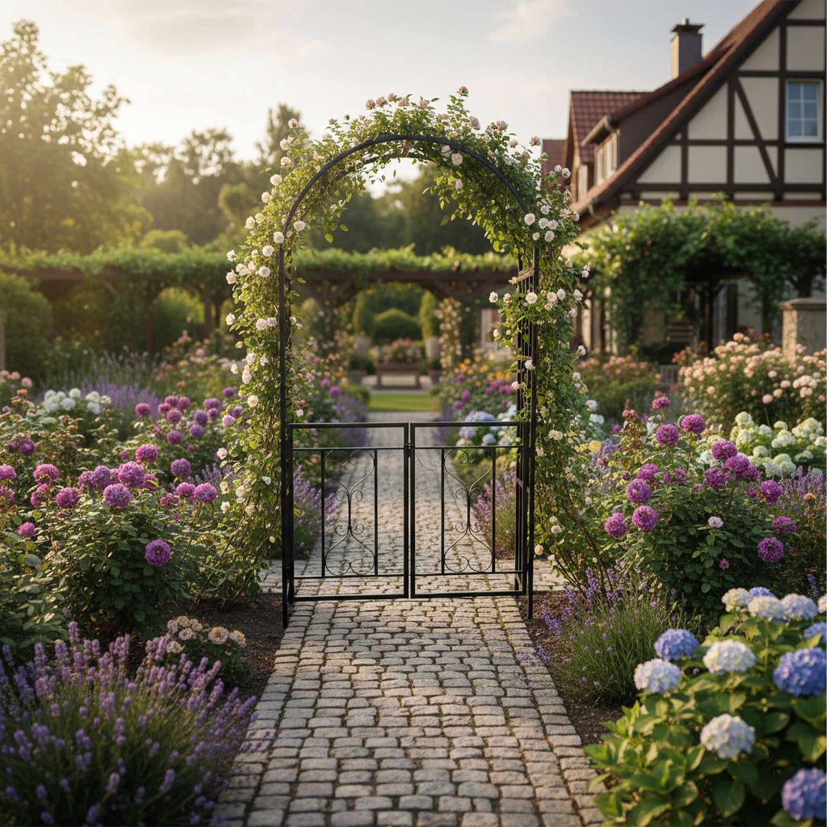 Black Metal Rose Arch with Gate – Garden Plant Support