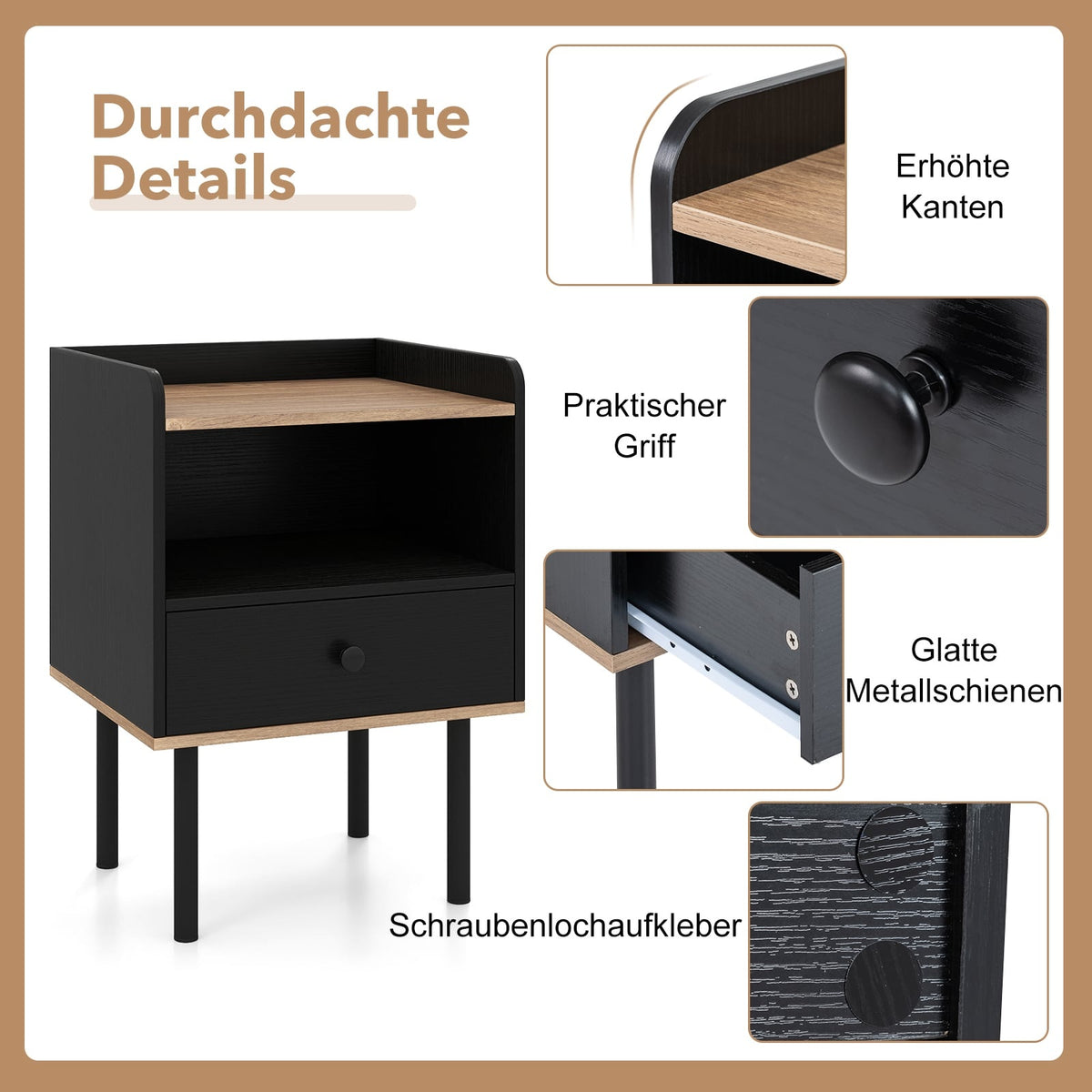 Black Nightstand with Drawer & Open Shelf, Metal Legs