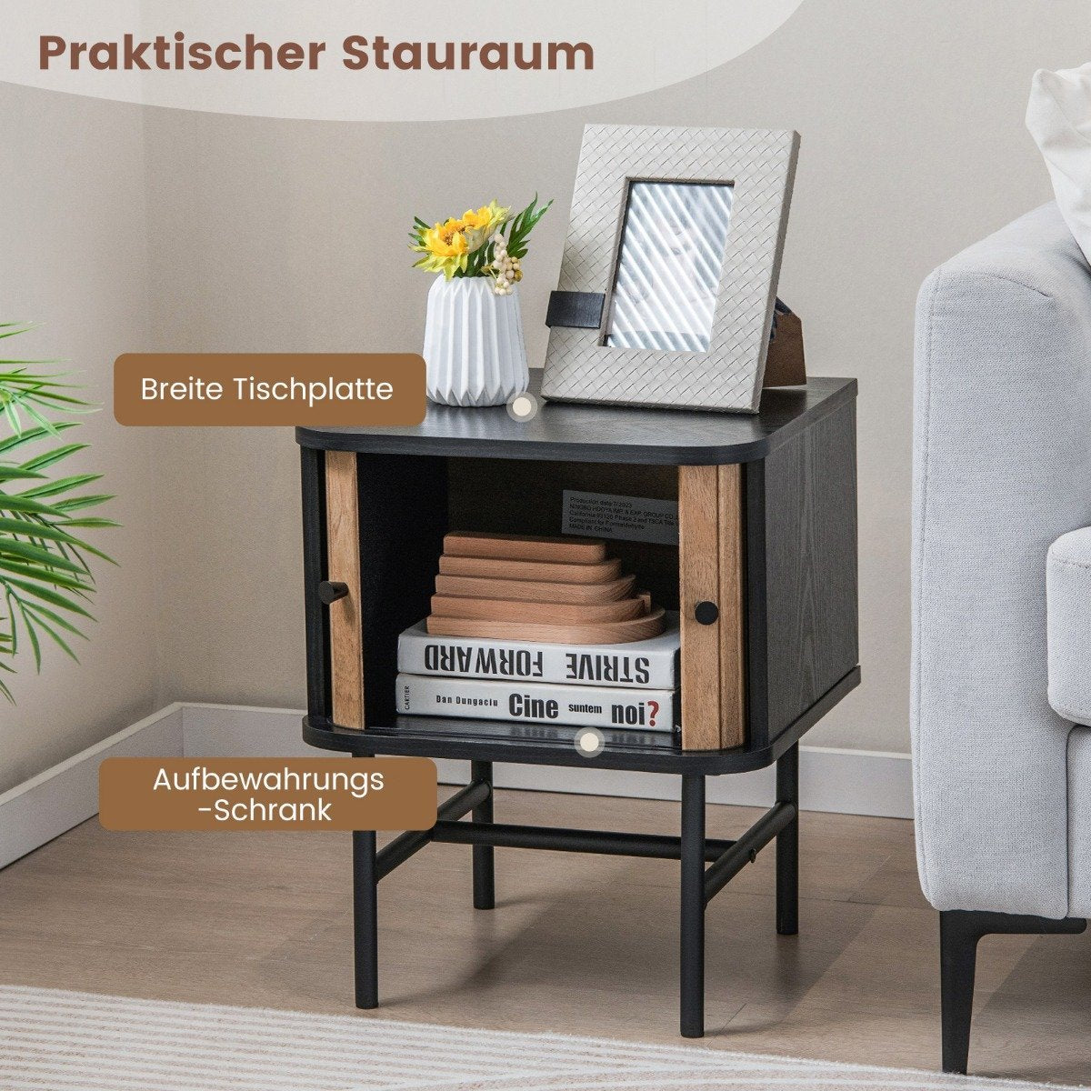 Black Nightstand with Sliding Doors, 40 x 39 x 49 cm