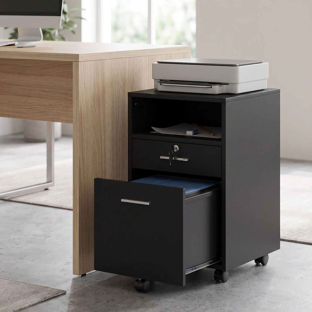 Black Office Rolling Cabinet, 2 Drawers, Lockable, 40x40x65 cm
