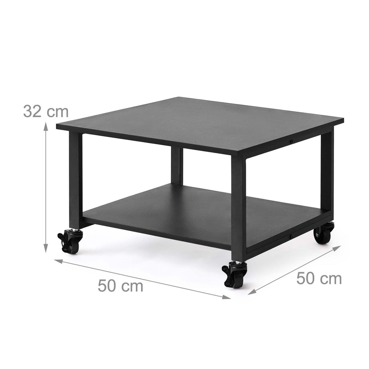 Black Printer Stand on Castors – Two-Tier, 50x50 cm