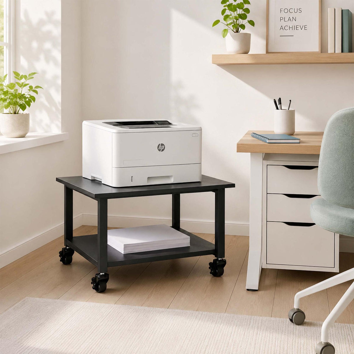 Black Printer Stand on Castors – Two-Tier, 50x50 cm