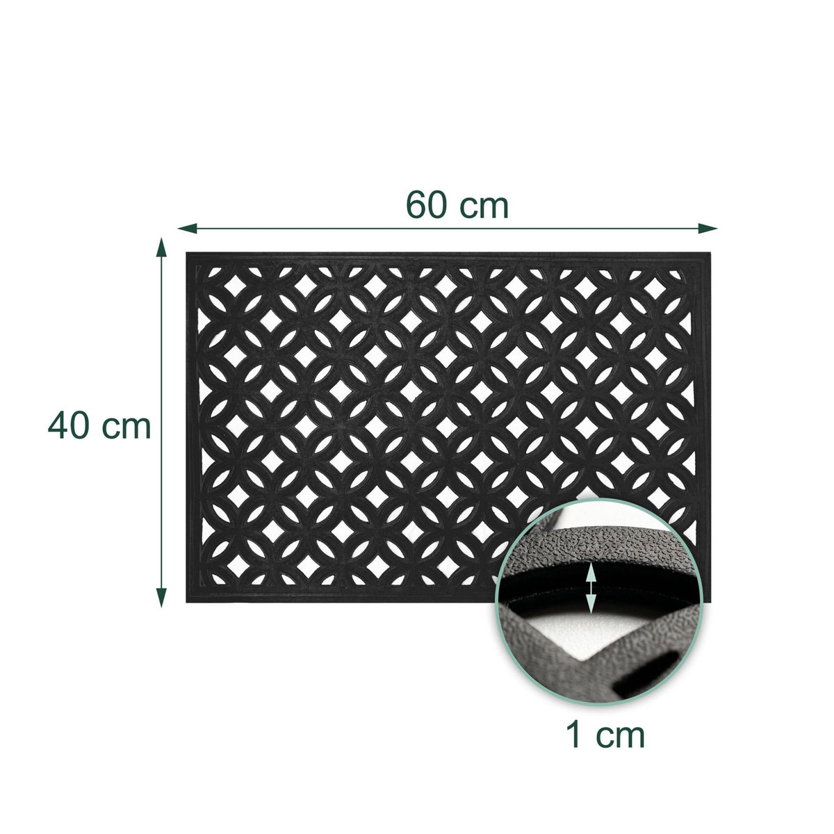Black Rubber Doormat, Geometric Pattern, 60x40 cm