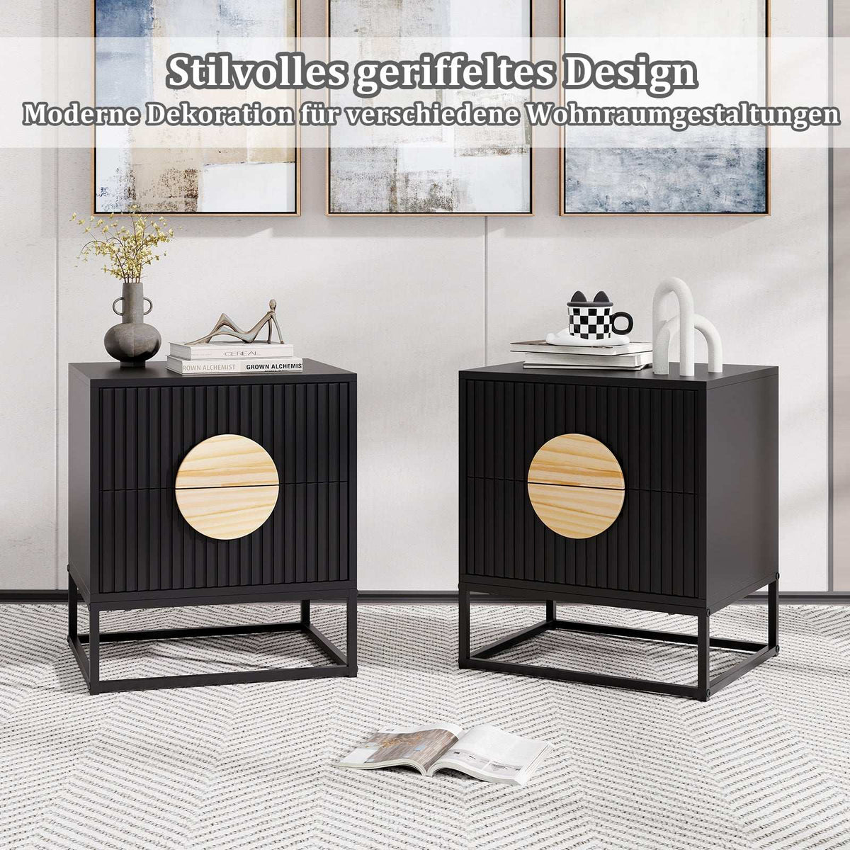 Black Side Table with 2 Drawers, Metal Frame & Pine Handles