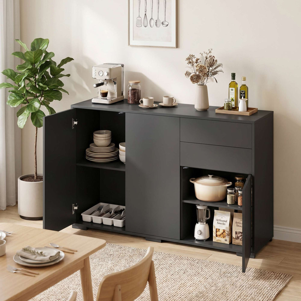 Black Sideboard with 2 Drawers, Push-Click, 117x36x74 cm