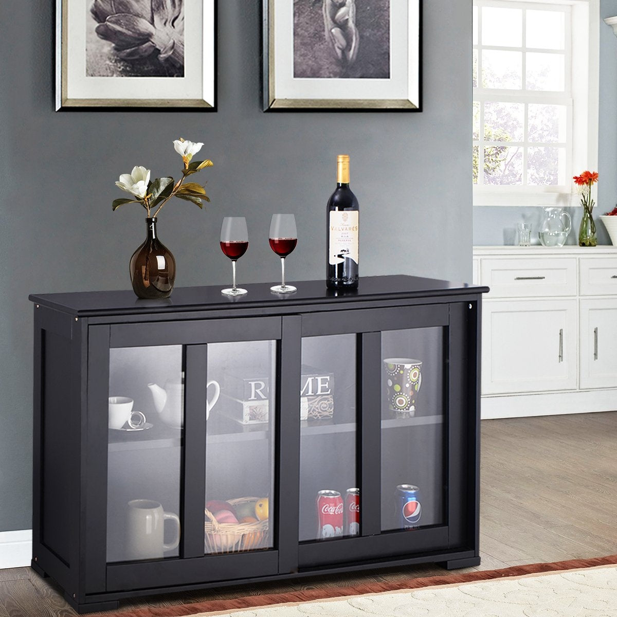 Black Sideboard with Sliding Glass Doors, Adjustable Shelves