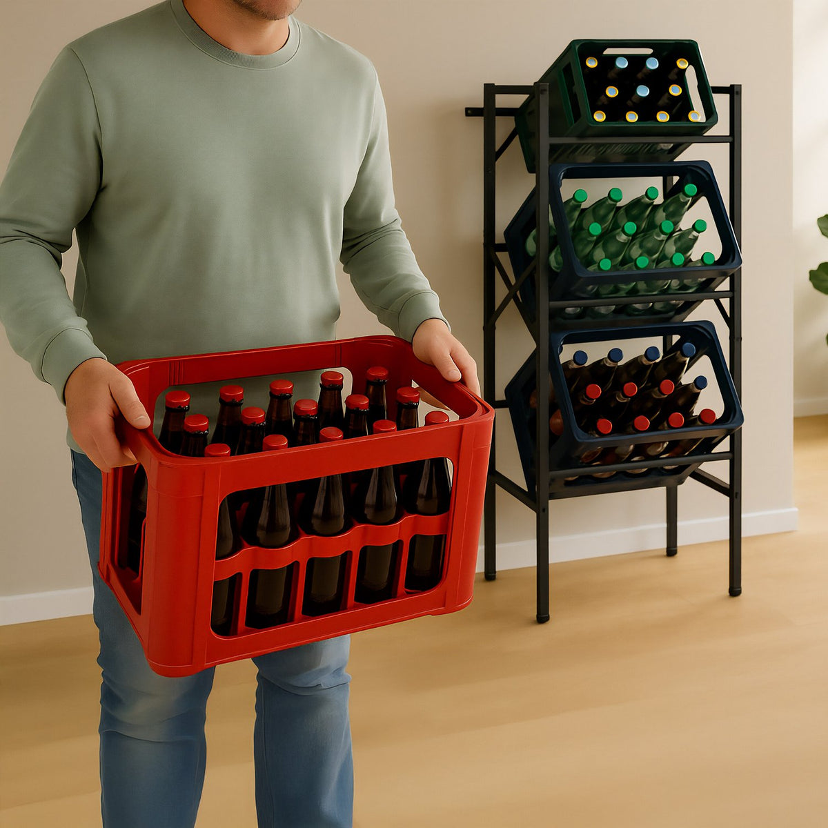 Black Steel Beverage Crate Rack for 3 Crates
