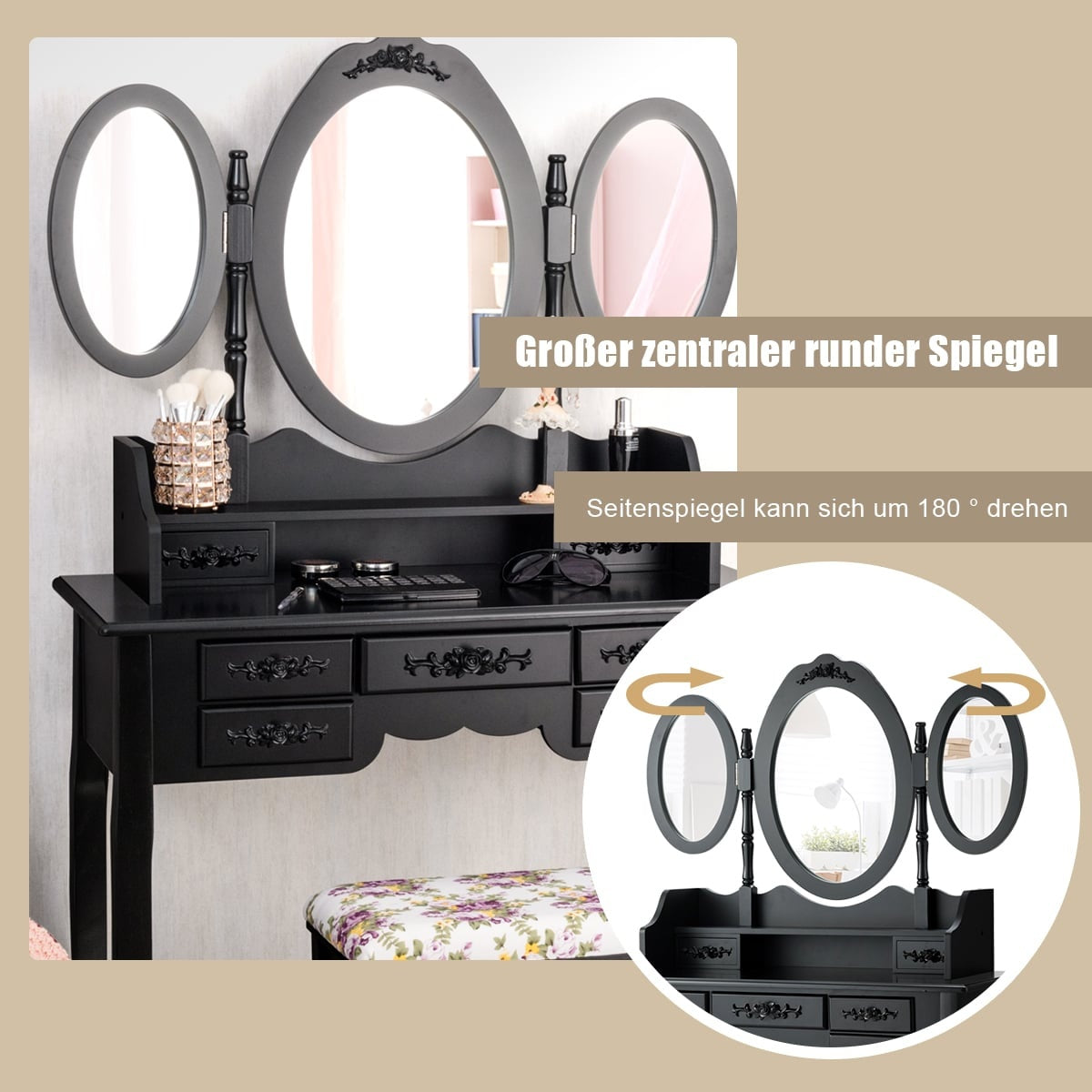 Black Vanity Table Set with Folding Mirror, Stool & Storage