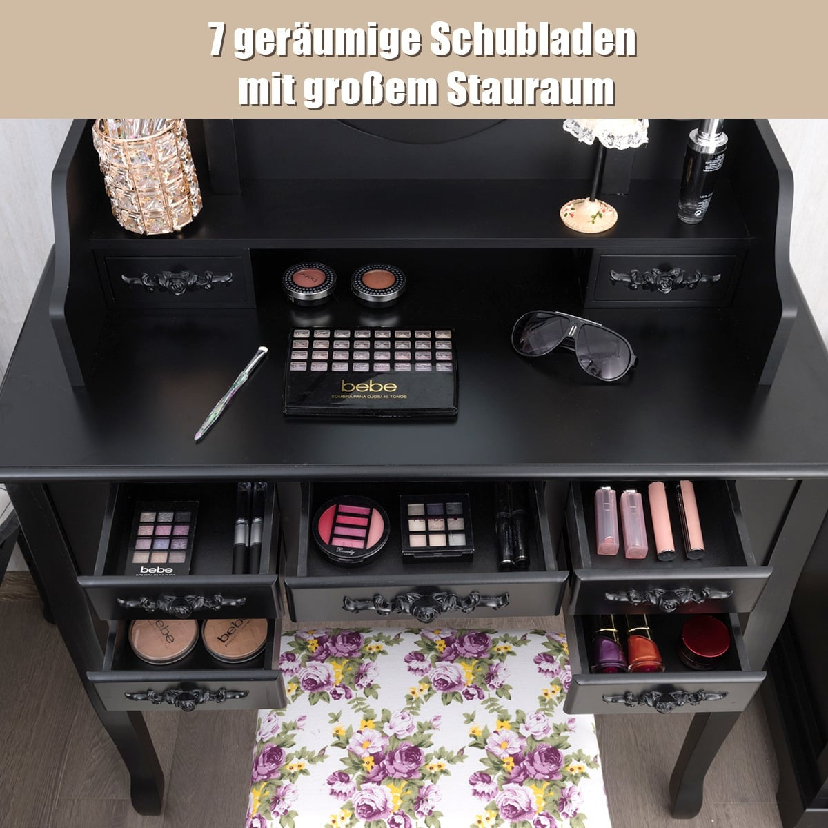Black Vanity Table Set with Folding Mirror, Stool & Storage