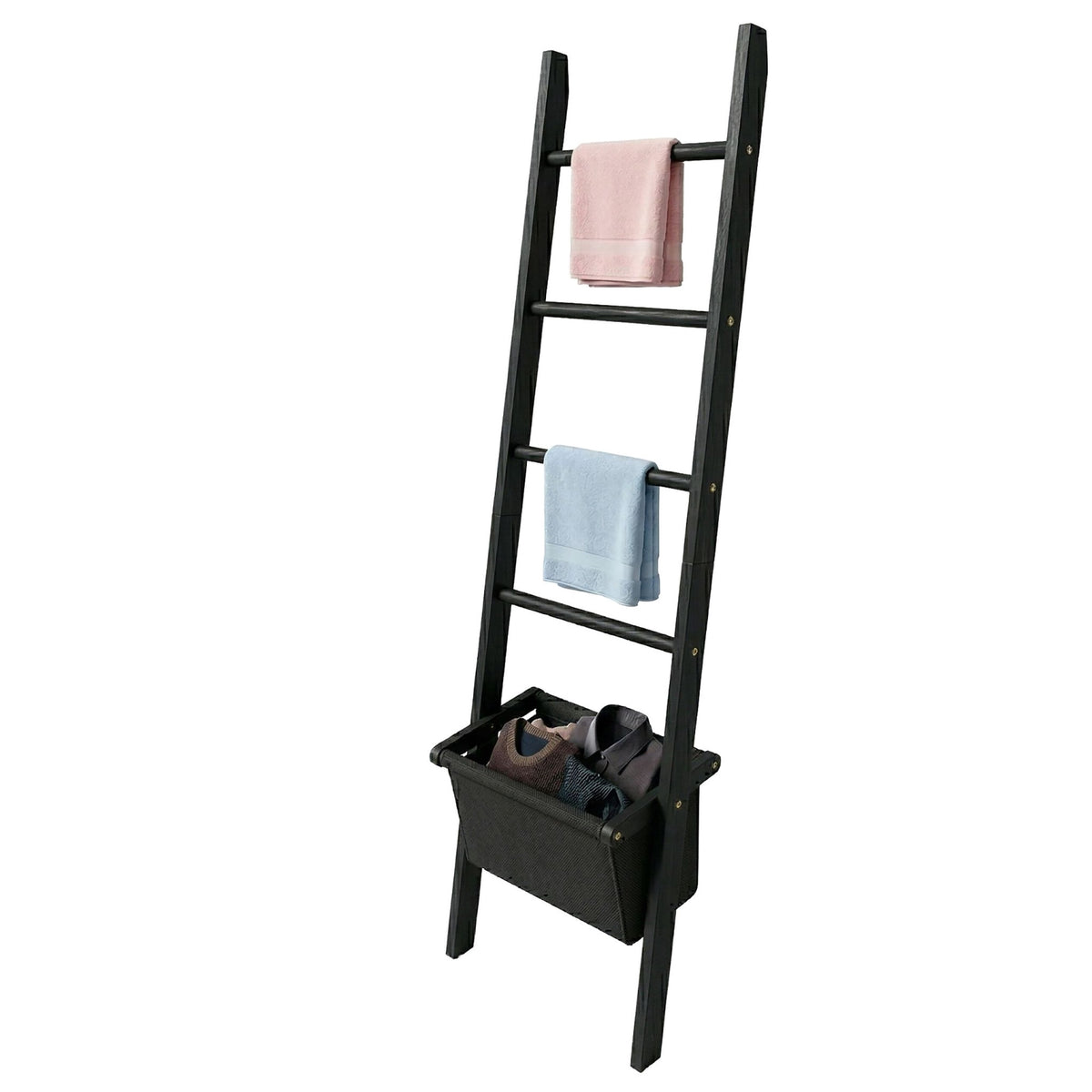 Black Walnut Towel Ladder with Basket, 4 Rungs