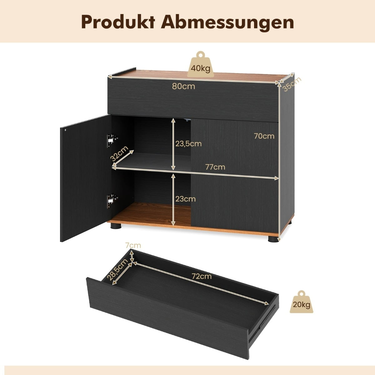 Black Wood Sideboard with Drawer & 2 Doors, 80cm