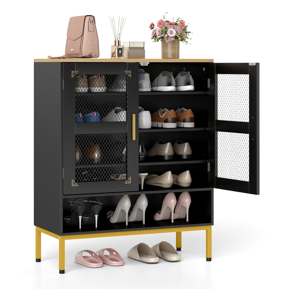 Black Wooden Shoe Cabinet with Adjustable Shelves & Mesh Doors