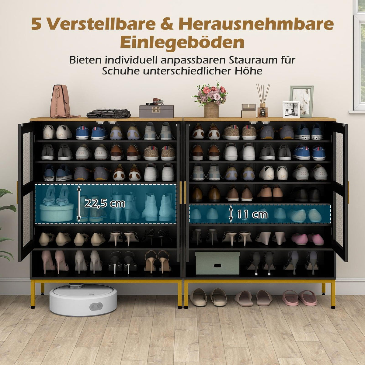 Black Wooden Shoe Cabinet with Adjustable Shelves & Mesh Doors