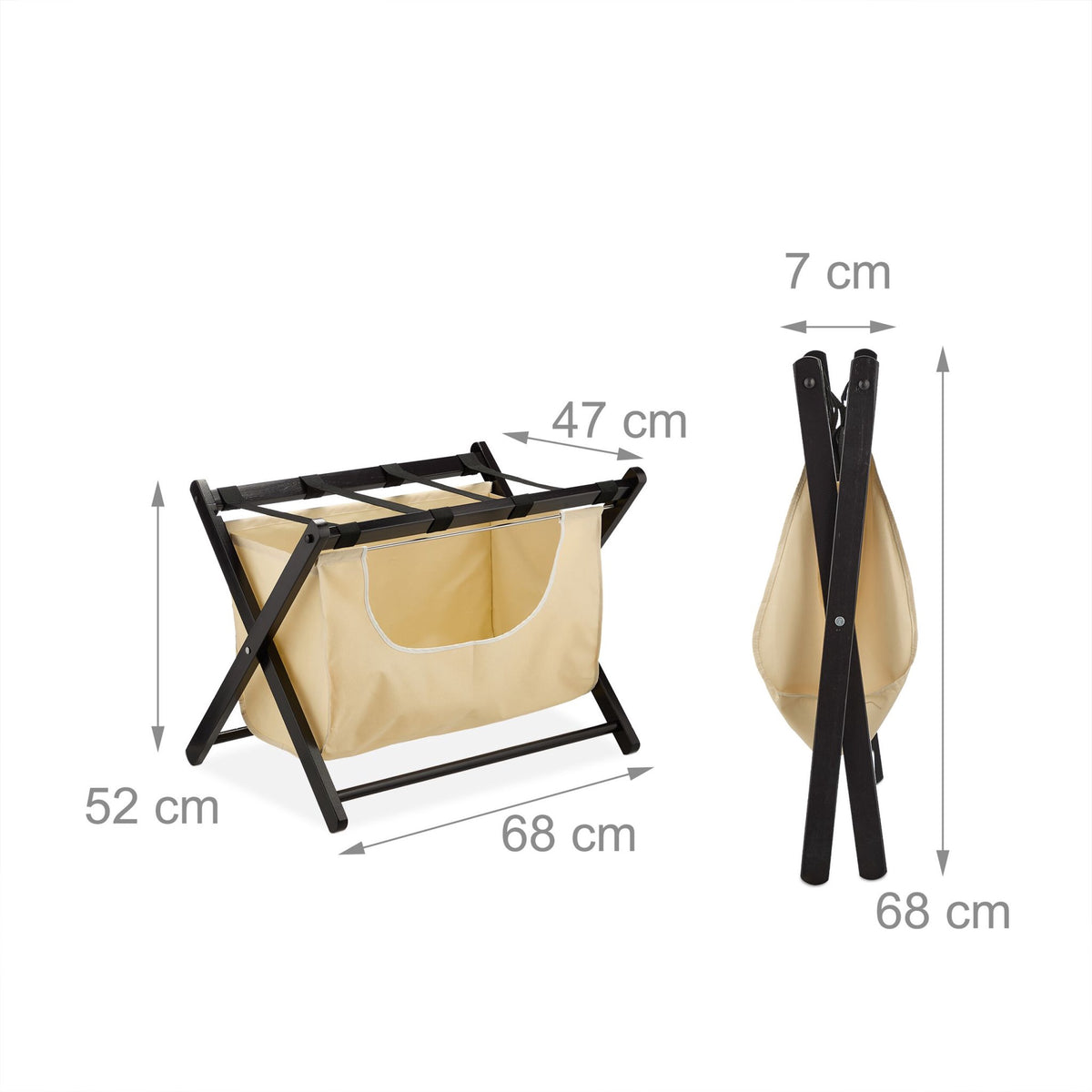 Black suitcase rack with laundry bag