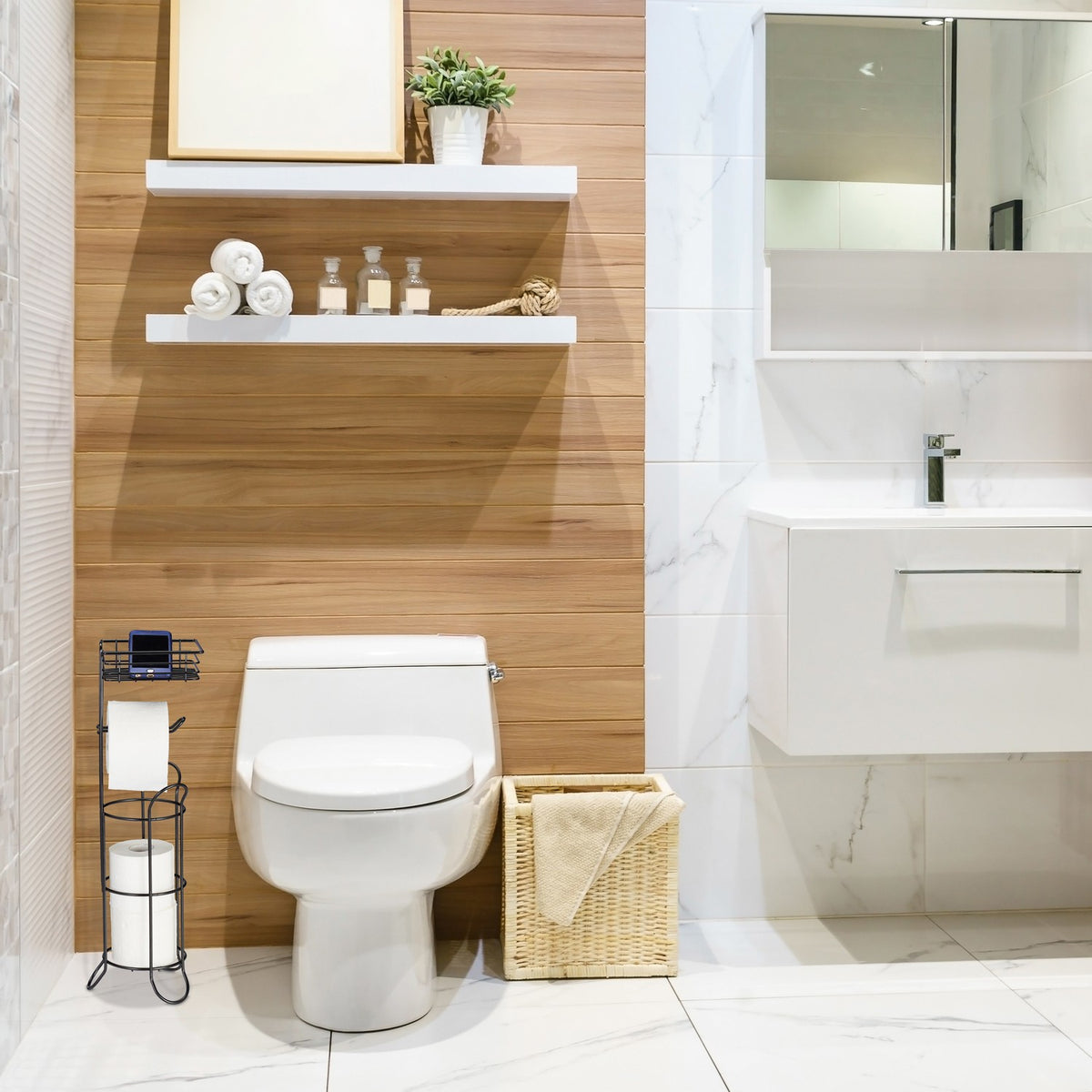 Black toilet paper holder standing