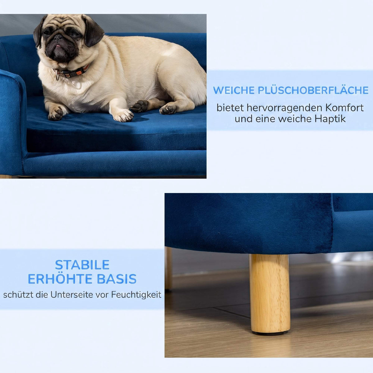 Blue Velvet Dog Sofa with Backrest and Wood Legs