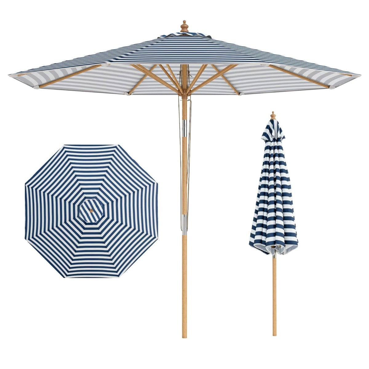 Blue & White Striped Patio Umbrella, 270cm, Adjustable Angle