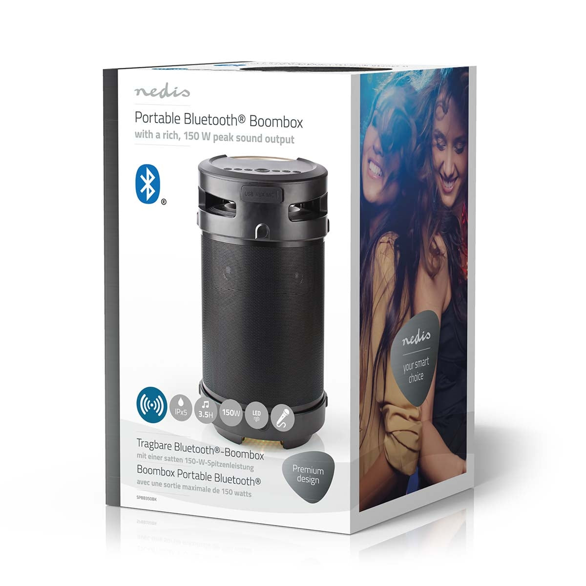 Bluetooth® Party Boombox | 3.5 hrs | 4.1 | 210 W | Media playback: AUX / USB | IPX5 | Linkable | Carrying handle | Party lights | Black / Silver