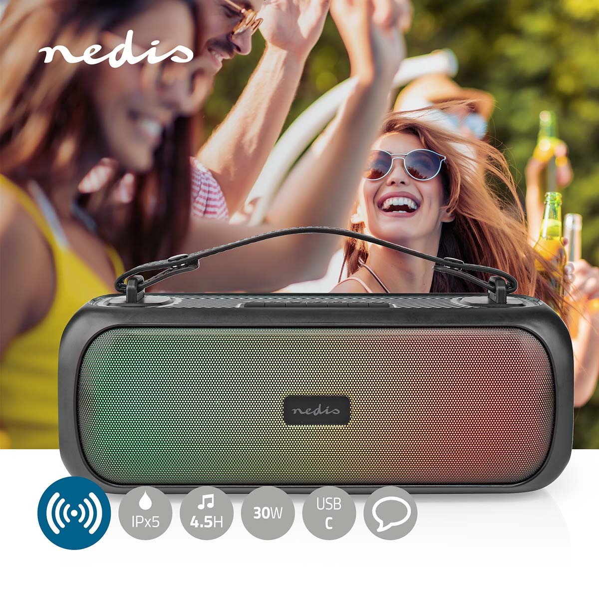 Bluetooth® Party Boombox | 4.5 hours | 2.0 | 45 W| Playback of media: AUX / USB | IPX5 | Syncable | Carrying handle | Party lights | Black