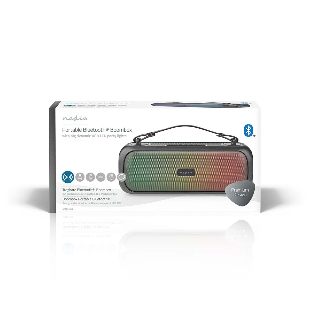 Bluetooth® Party Boombox | 4.5 hours | 2.0 | 45 W| Playback of media: AUX / USB | IPX5 | Syncable | Carrying handle | Party lights | Black