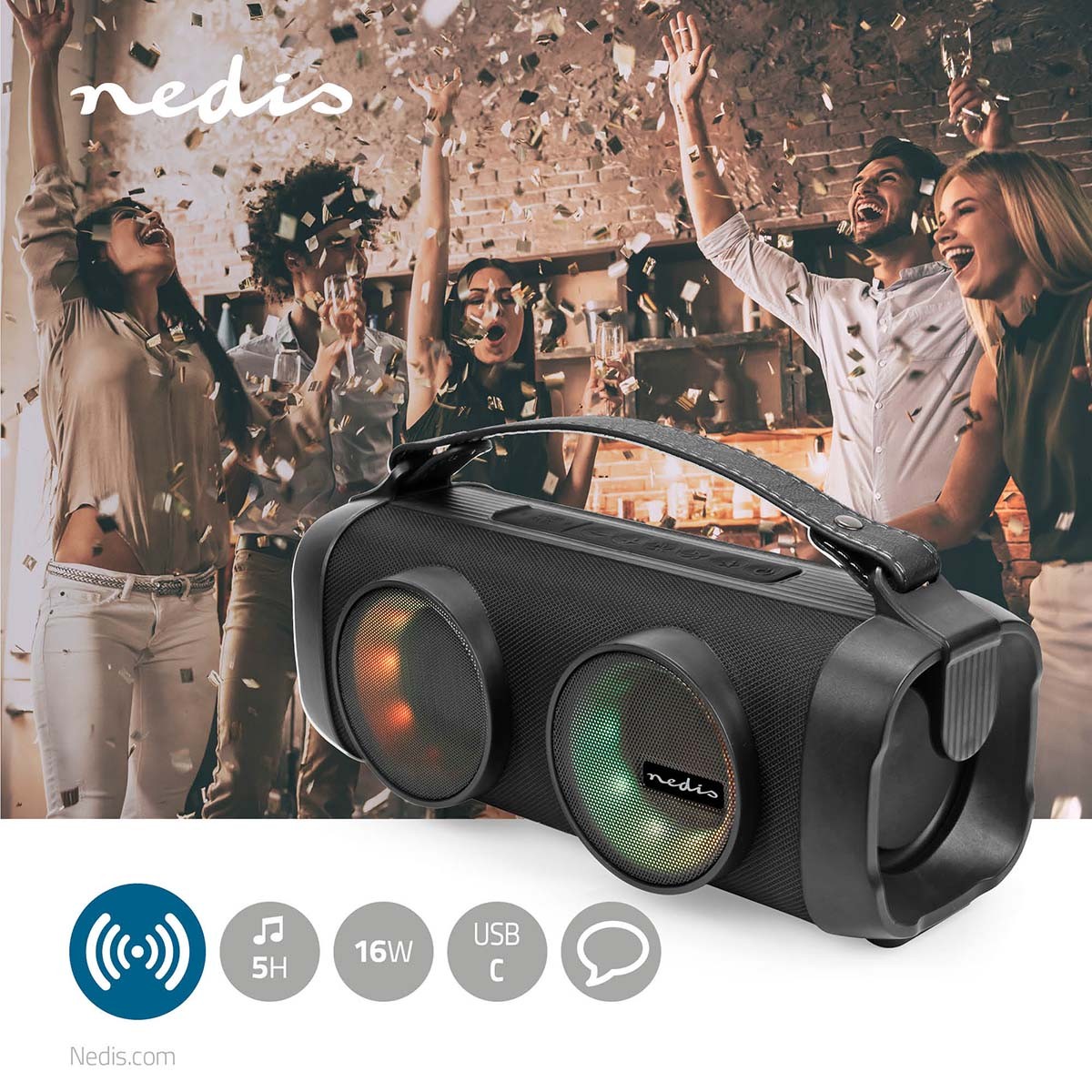 Bluetooth® Party Boombox | 5 hours | 2.0 | 24 W| Media playback: AUX / USB | Can be paired | Carrying handle | Party lights | Variety