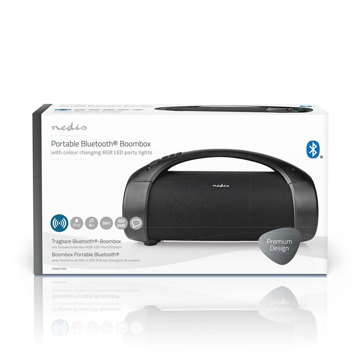 Bluetooth® Party Boombox | 6 hours | 2.0 | 50 W | Playback of media: AUX / USB | IPX5 | Syncable | Carrying handle | Party lights | Black