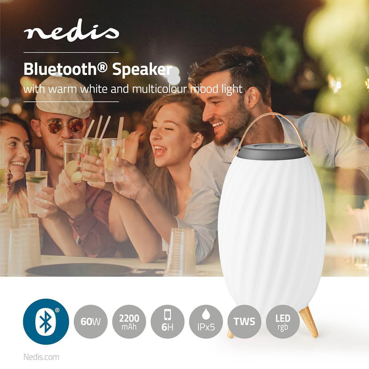 Bluetooth speaker with mood lighting | 6 hours | Ambient design | 60 W | Mono | RGB / Warm White | IPX5 | Syncable | Grey/White