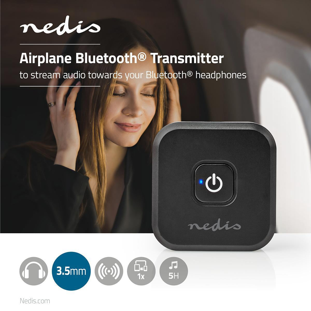Bluetooth® transmitter | Connection input: 2x 3.5 mm Male | SBC | Up to 1 unit | 5 hours | Automatic shutdown function | Black